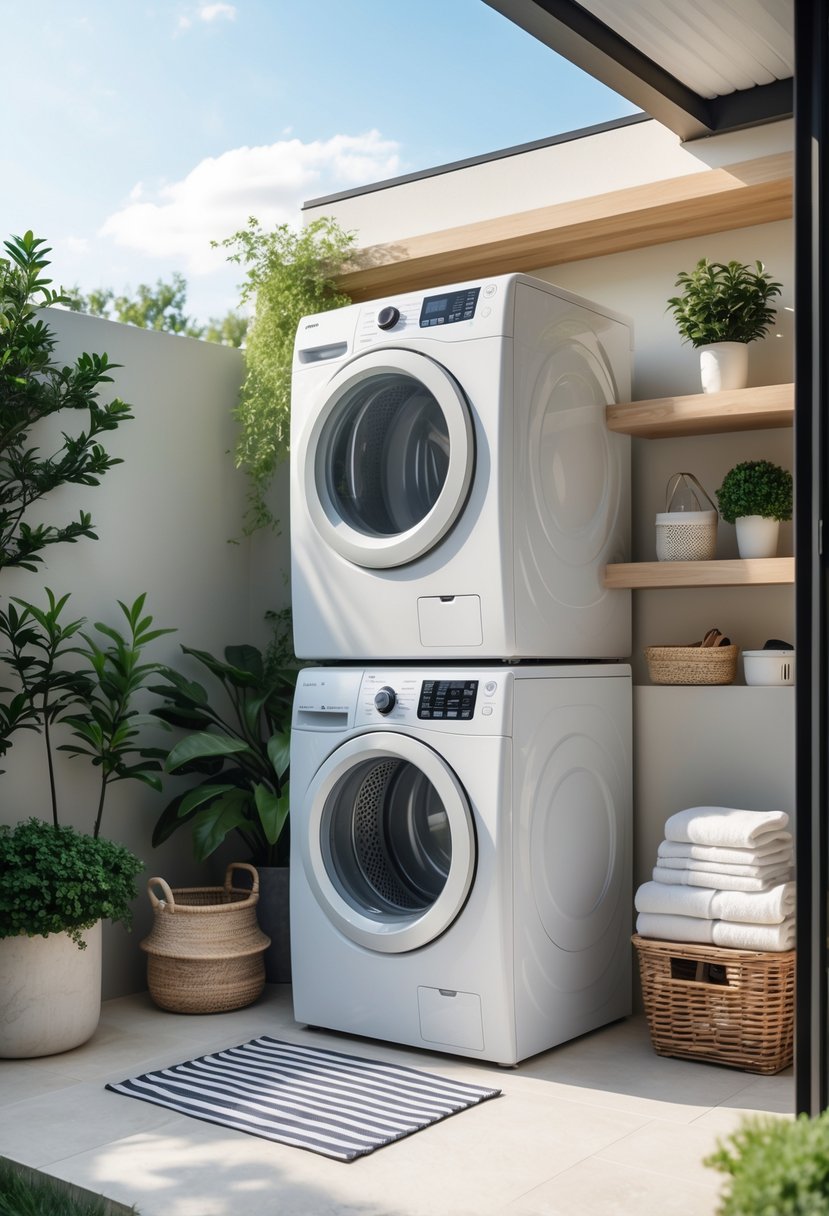 Outdoor laundry area with a stackable washer and dryer unit surrounded by plants and laundry accessories.