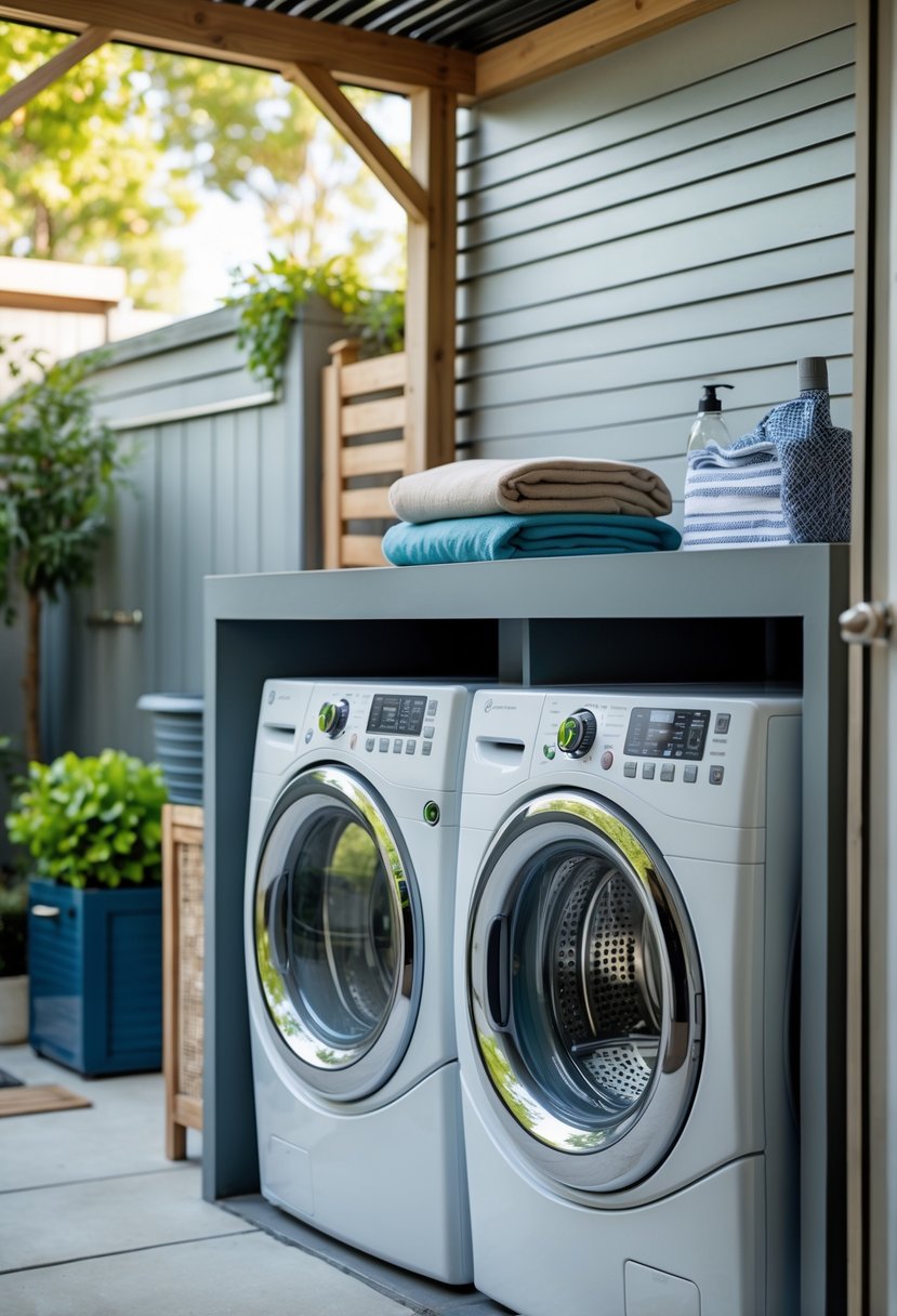 Outdoor laundry area with a weather-resistant countertop above a washer and dryer for folding clothes.