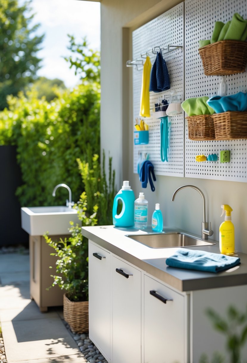 Outdoor laundry area with pegboards holding laundry tools and supplies in a small, organized space.