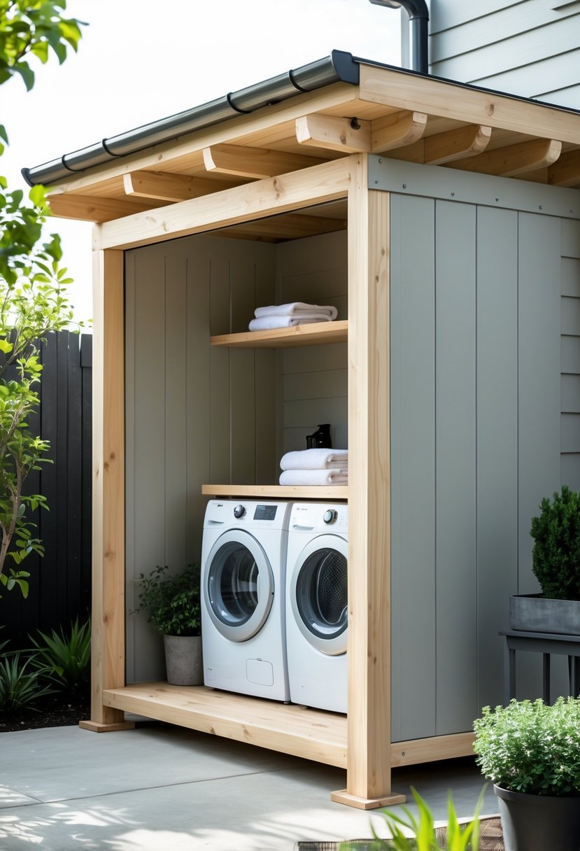 An outdoor laundry enclosure with wood framing and durable siding housing a washer and dryer.