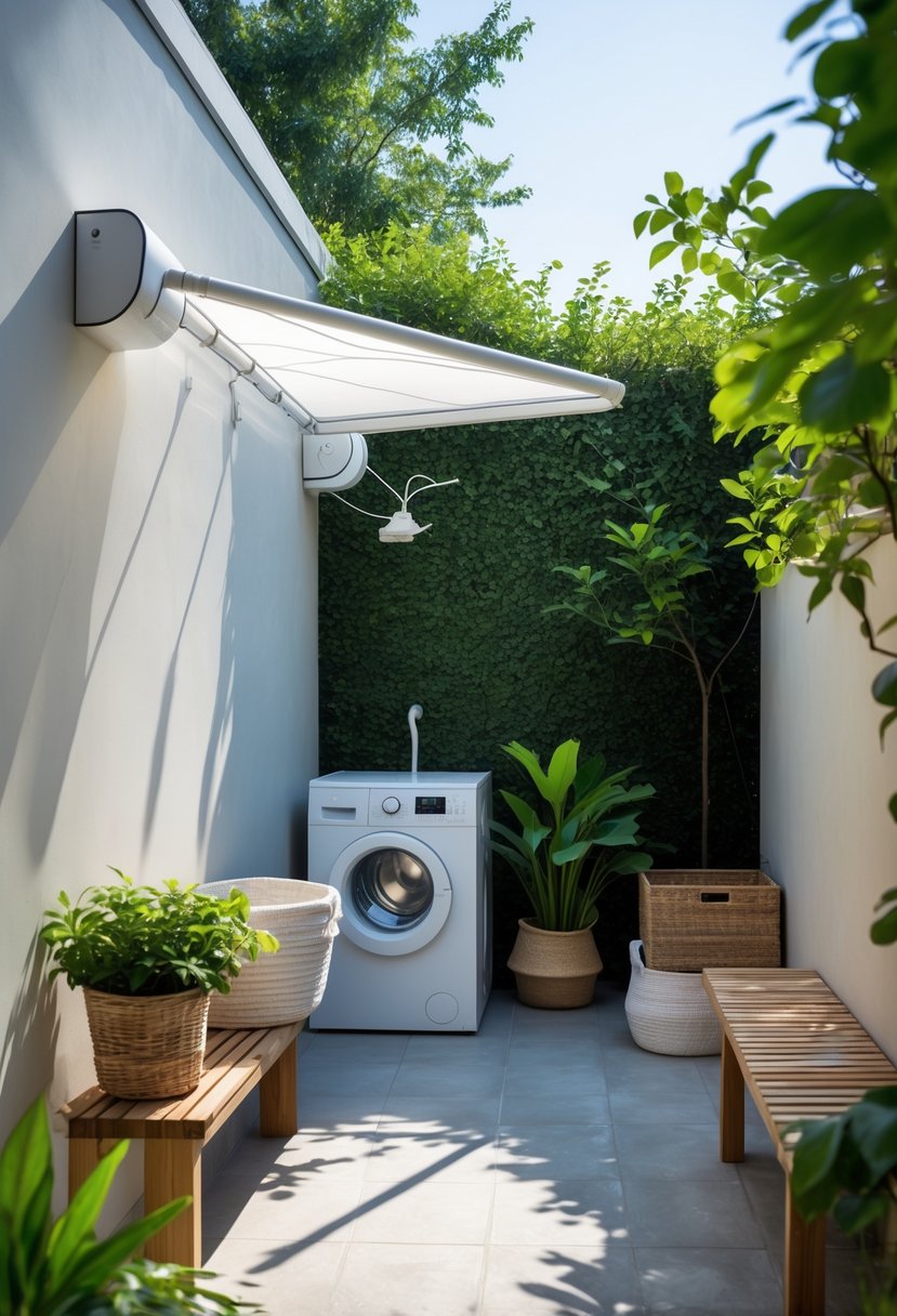 Small outdoor laundry area with a retractable clothesline hidden on the wall, a washing machine, and potted plants nearby.