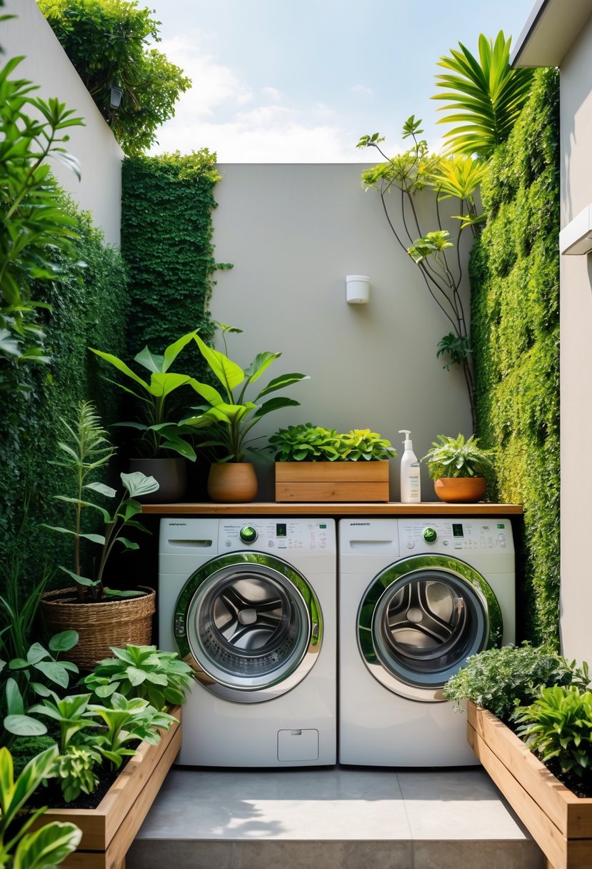Small outdoor laundry area with washing machine and dryer surrounded by green walls and planters filled with plants.