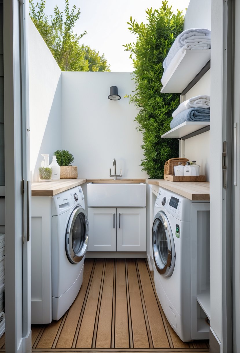 Outdoor laundry area with composite decking flooring, washing machine, dryer, sink, and shelves with laundry supplies.