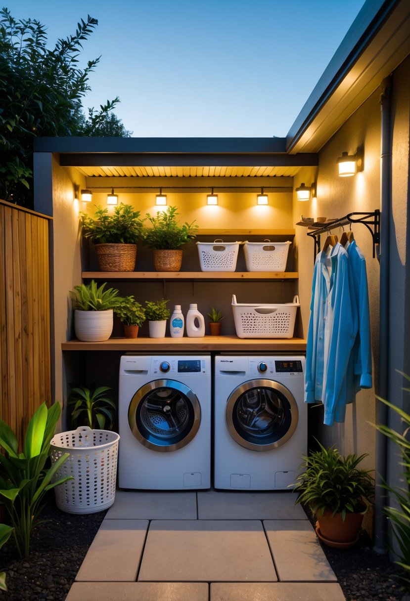 A small outdoor laundry area with washing machines, storage shelves, drying rack, and solar-powered lights illuminating the space.