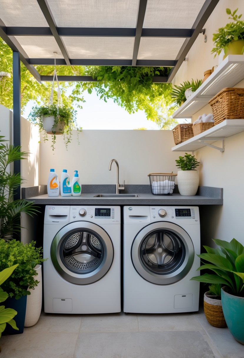 Outdoor laundry room with washing machine, dryer, sink, shelves with supplies, and plants under a shaded area in a small backyard.