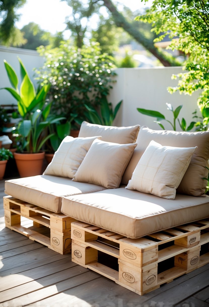 Outdoor pallet sofa with cushions placed in a garden setting surrounded by greenery and natural light.