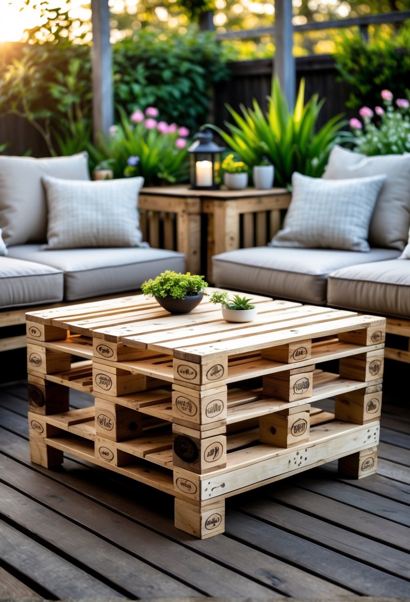 Outdoor wooden pallet coffee table with storage on a deck surrounded by plants and seating.