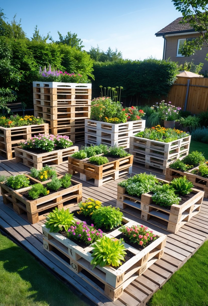 A backyard garden with 15 wooden pallet planter boxes filled with colorful flowers and green plants arranged on a deck and grass.