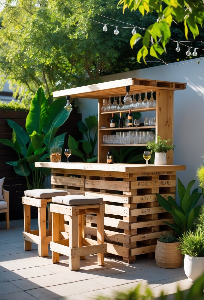 An outdoor bar made from wooden pallets in a sunny garden surrounded by plants and trees, with bar stools and bottles on shelves.