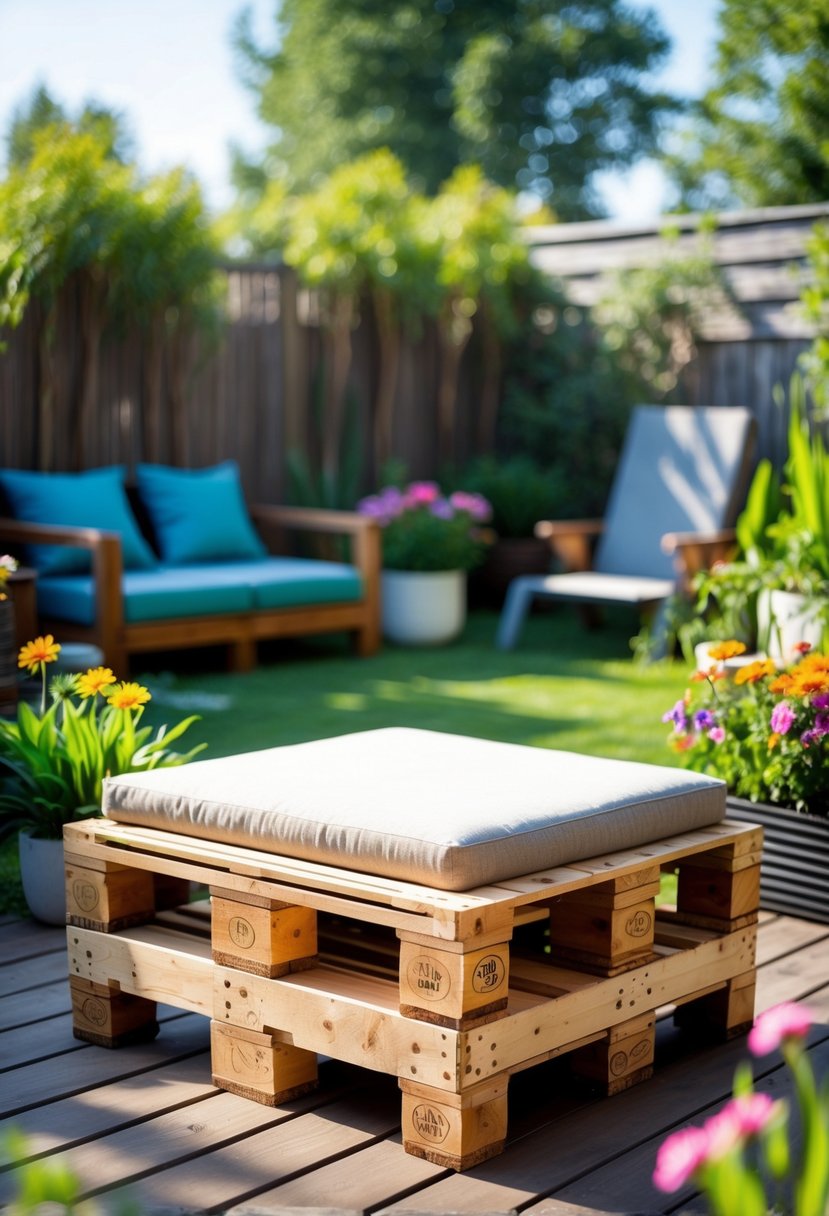 An outdoor pallet storage ottoman on a wooden deck surrounded by plants and garden furniture.