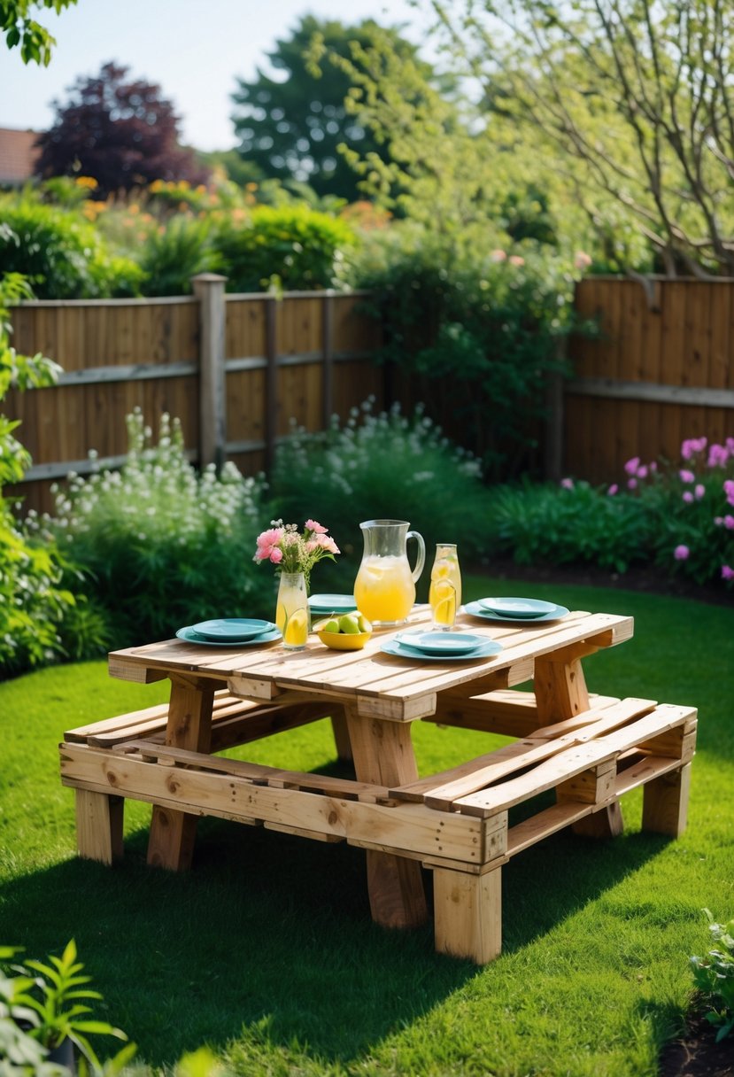 A wooden pallet picnic table set outdoors in a sunny garden with grass, flowers, and trees.