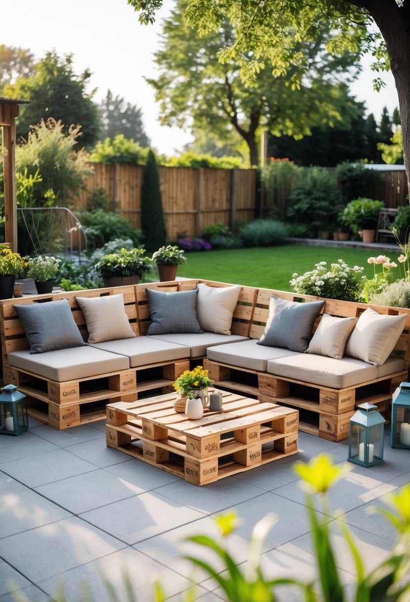 Outdoor L-shaped corner seating unit made from wooden pallets with cushions, surrounded by plants and garden scenery.