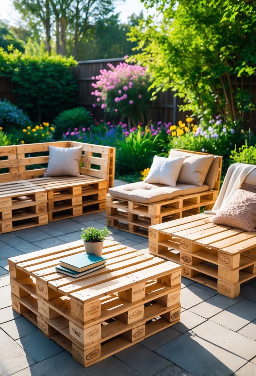 An outdoor patio with various wooden pallet furniture pieces including a sofa, coffee table, and lounge chair surrounded by greenery and flowers.