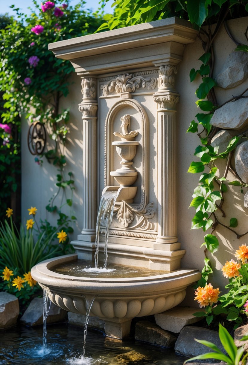 A carved stone wall fountain with water flowing into a basin surrounded by plants in a garden.