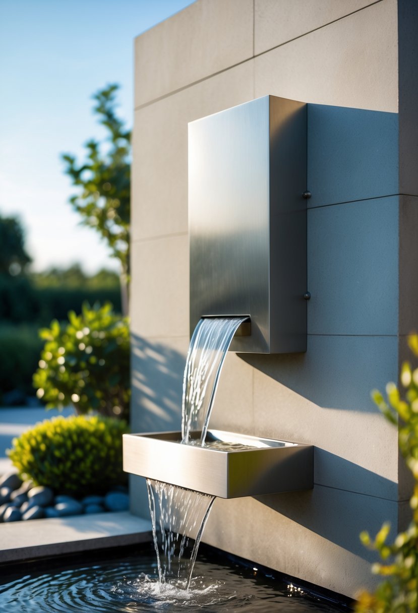 Outdoor stainless steel wall fountain with water flowing into a basin surrounded by green plants and garden stones.