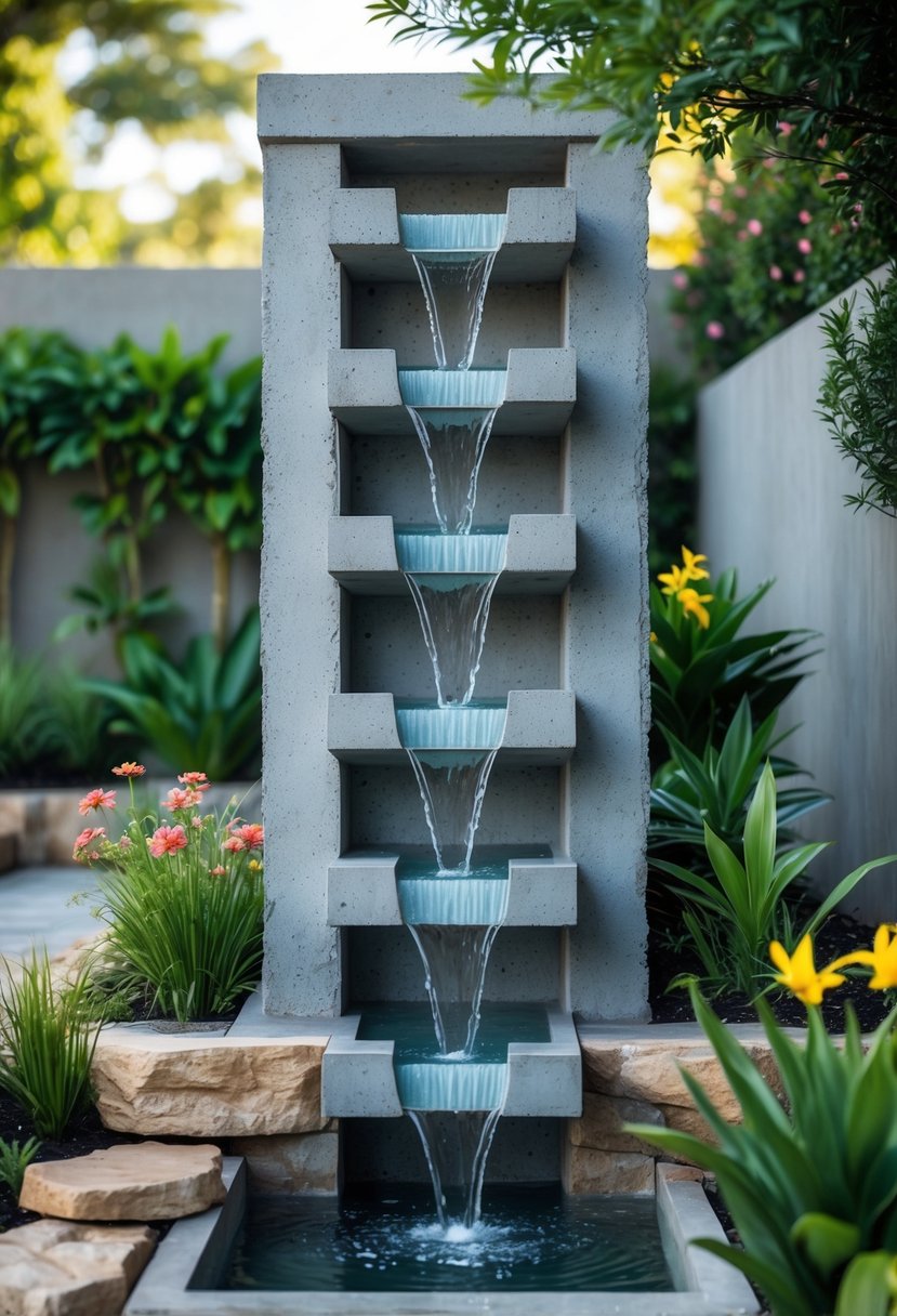 A tiered concrete wall fountain with water flowing down multiple levels, surrounded by green plants and flowers in a garden.