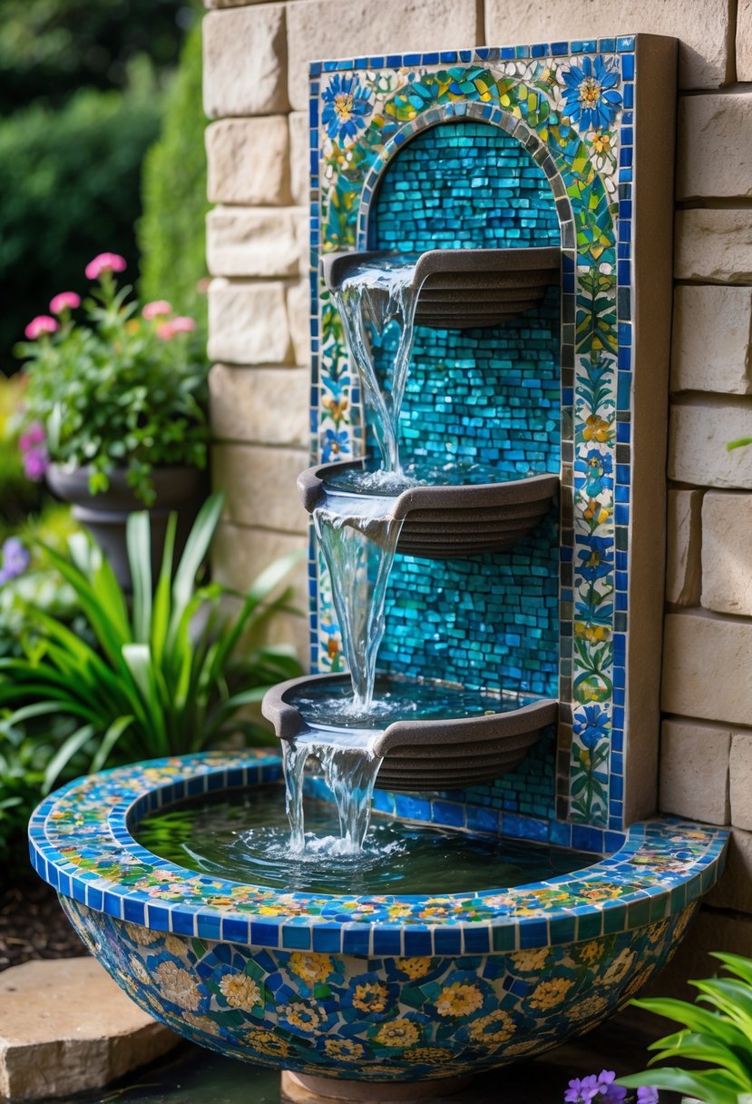 An outdoor mosaic tile waterfall fountain with water flowing down into a basin surrounded by green plants and flowers.
