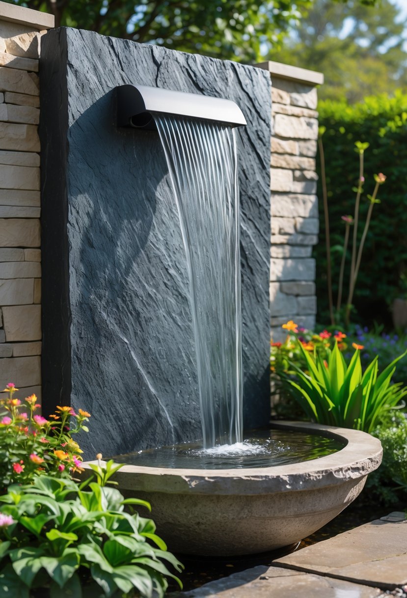 Outdoor garden scene with a natural slate panel wall fountain surrounded by green plants and flowers.