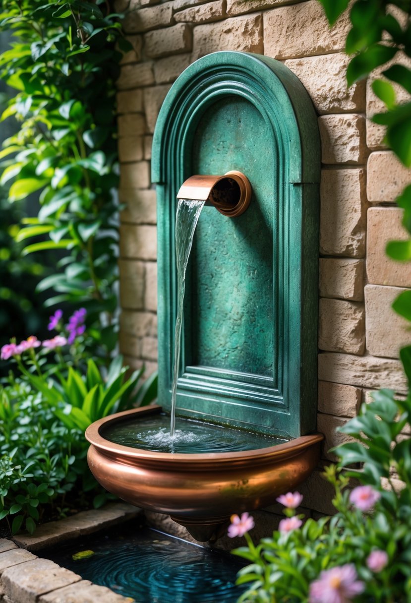 Outdoor garden wall fountain made of copper with water flowing into a basin surrounded by plants.