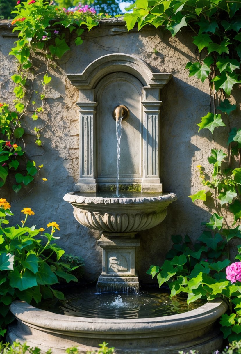 An outdoor stone wall fountain with water flowing into a basin surrounded by green plants and flowers in a garden.