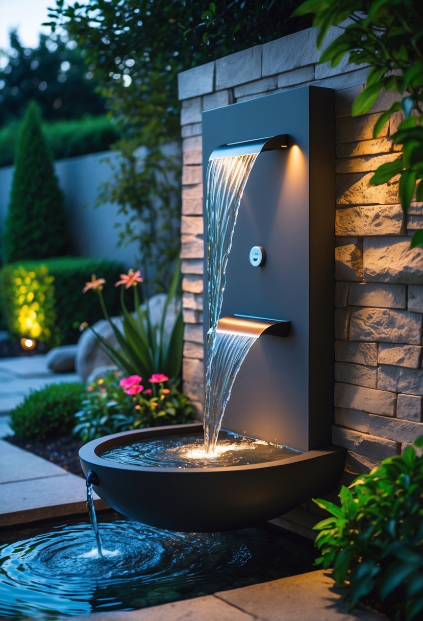 An outdoor garden wall fountain with water flowing into a basin, surrounded by plants and illuminated by LED lights at dusk.