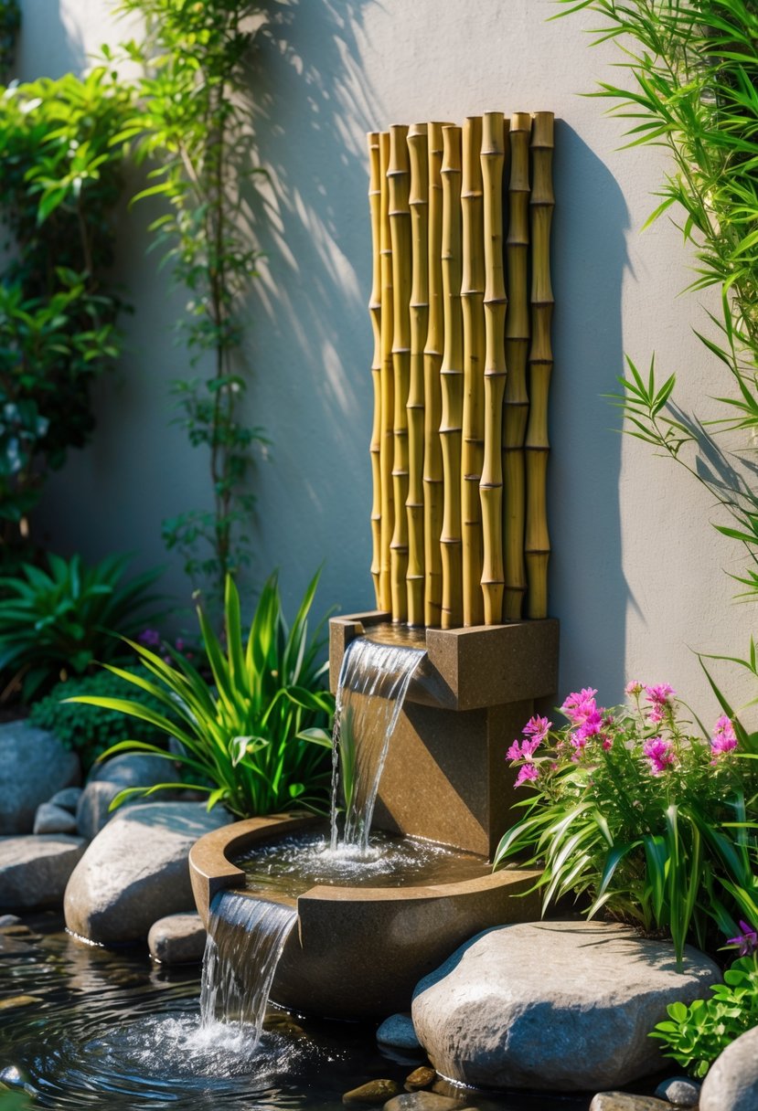 A bamboo water fountain mounted on a garden wall with water flowing into a stone basin surrounded by plants and flowers.