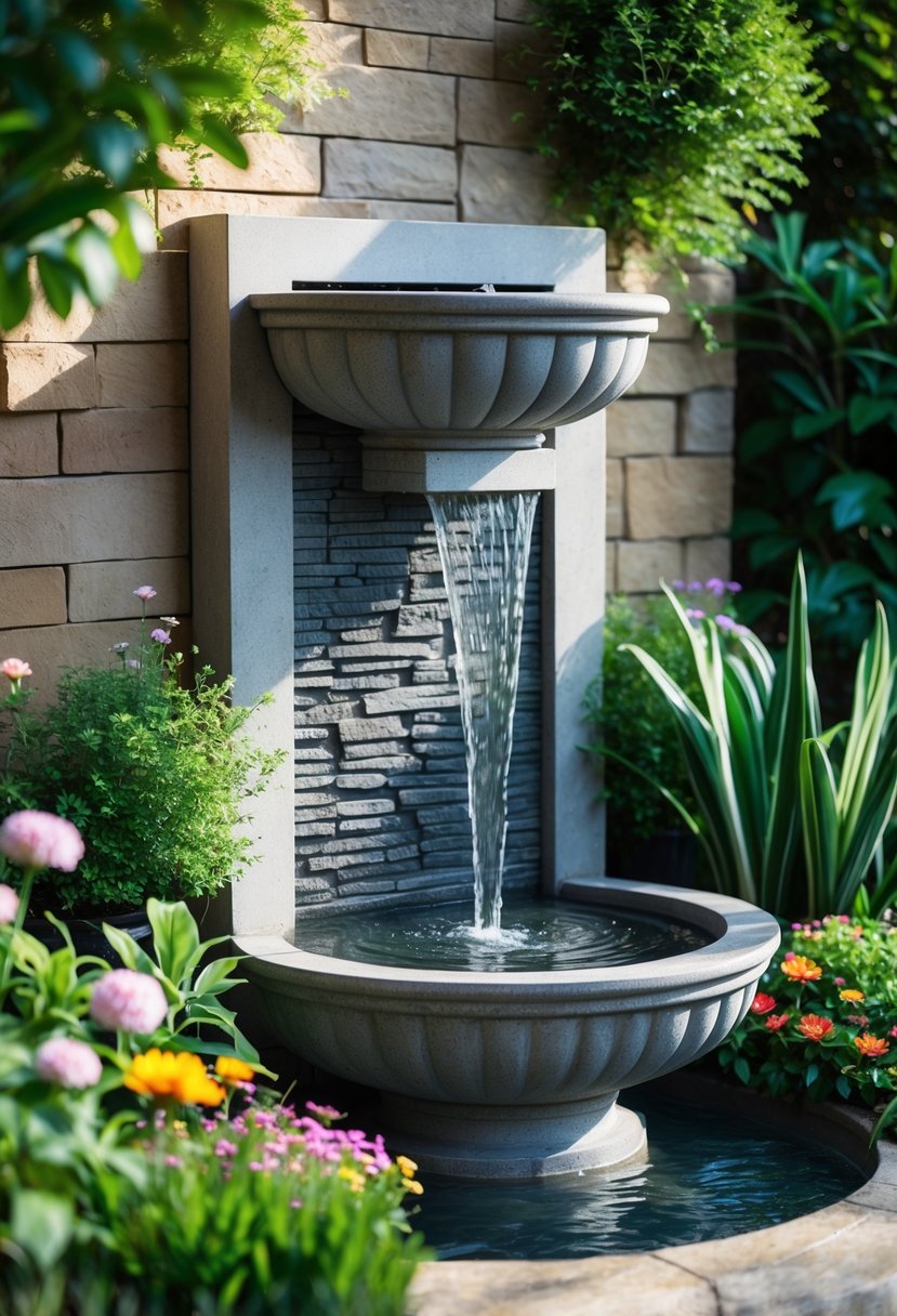 A garden with an outdoor wall fountain mounted on a stone wall, surrounded by plants and flowers, with water flowing into a basin below.