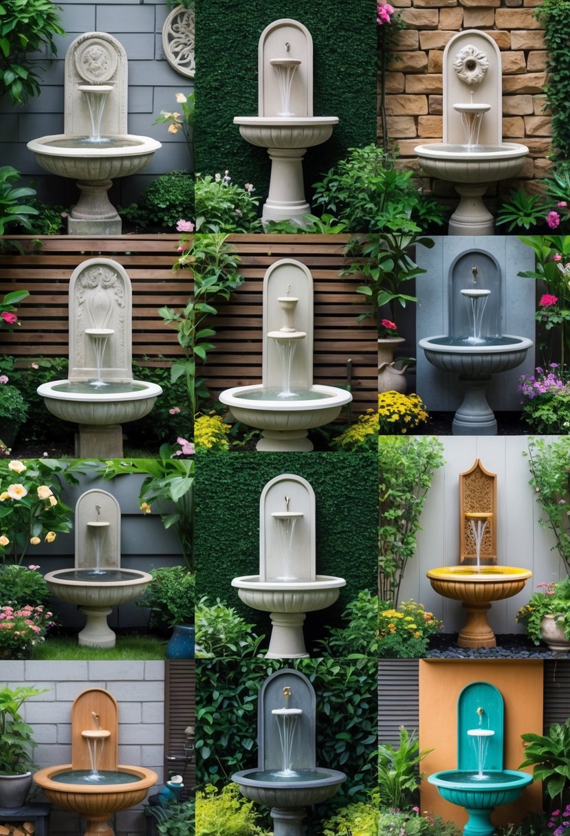 A garden scene featuring twelve different outdoor wall fountains with flowing water, surrounded by plants and flowers.