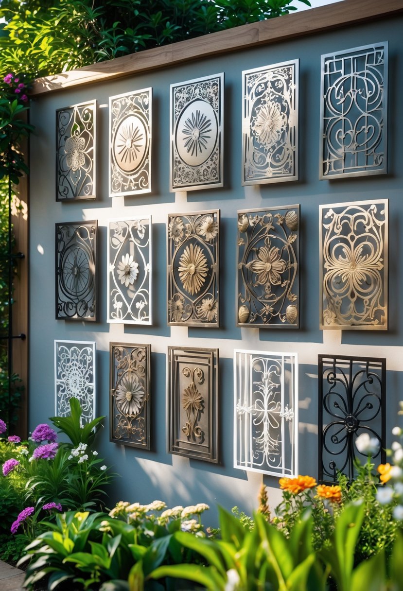 Thirteen decorative metal art panels displayed on an outdoor garden wall surrounded by plants and flowers.
