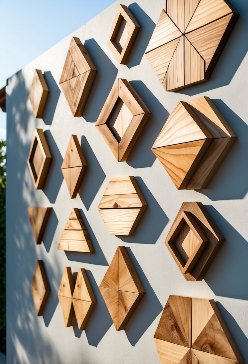 A light-colored outdoor wall decorated with 13 geometric wooden panels arranged in a balanced pattern.