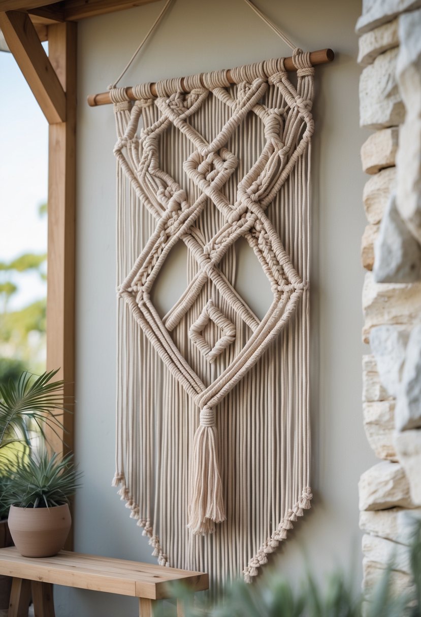Large macramé wall hanging displayed outdoors on a neutral wall with plants nearby.
