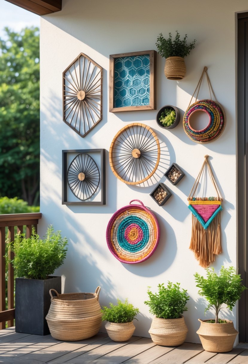 An outdoor patio wall decorated with 13 different handmade wall art pieces including wooden frames, metal art, woven baskets, macrame, and small plants.