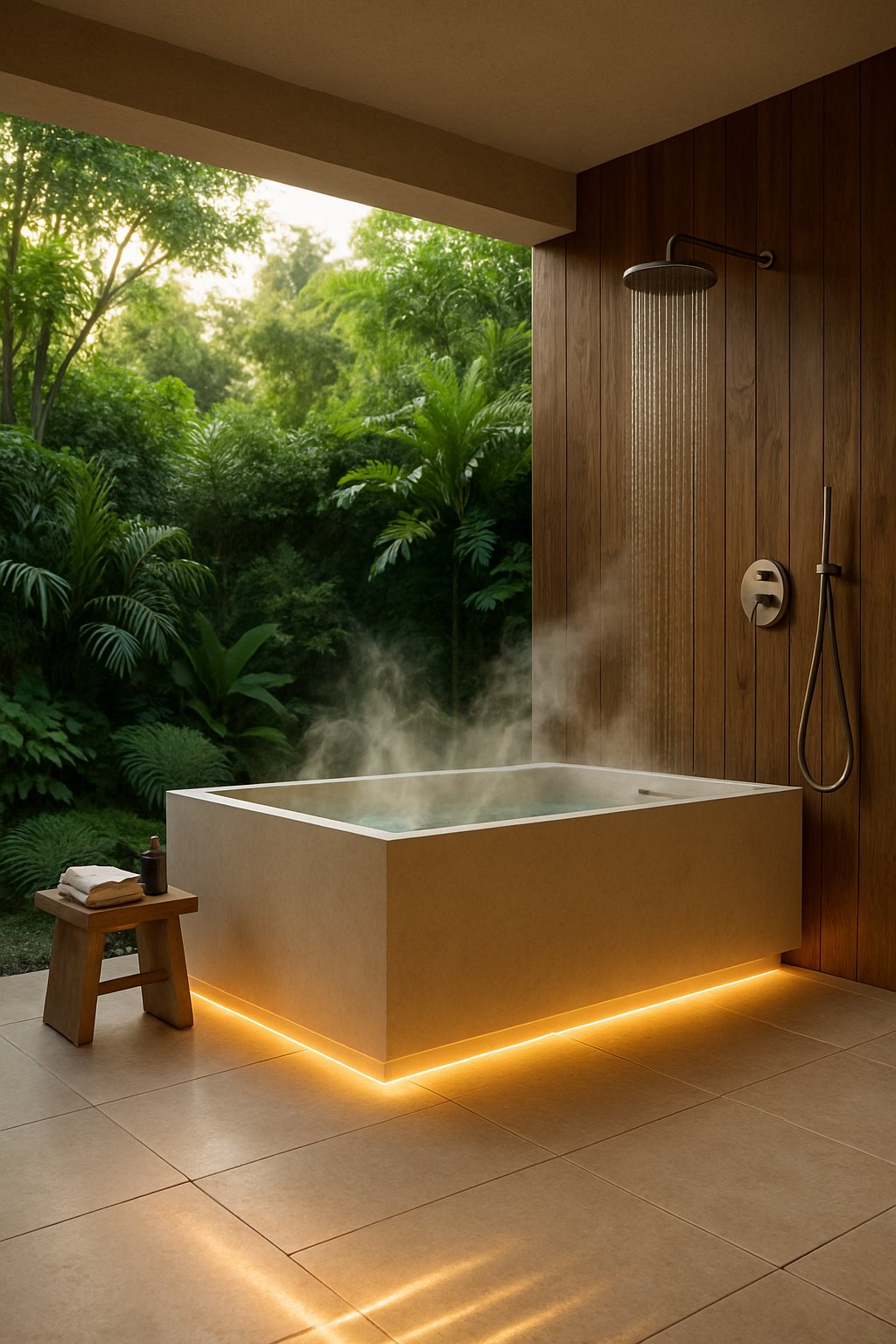 Spa-inspired outdoor bathroom with heated floors