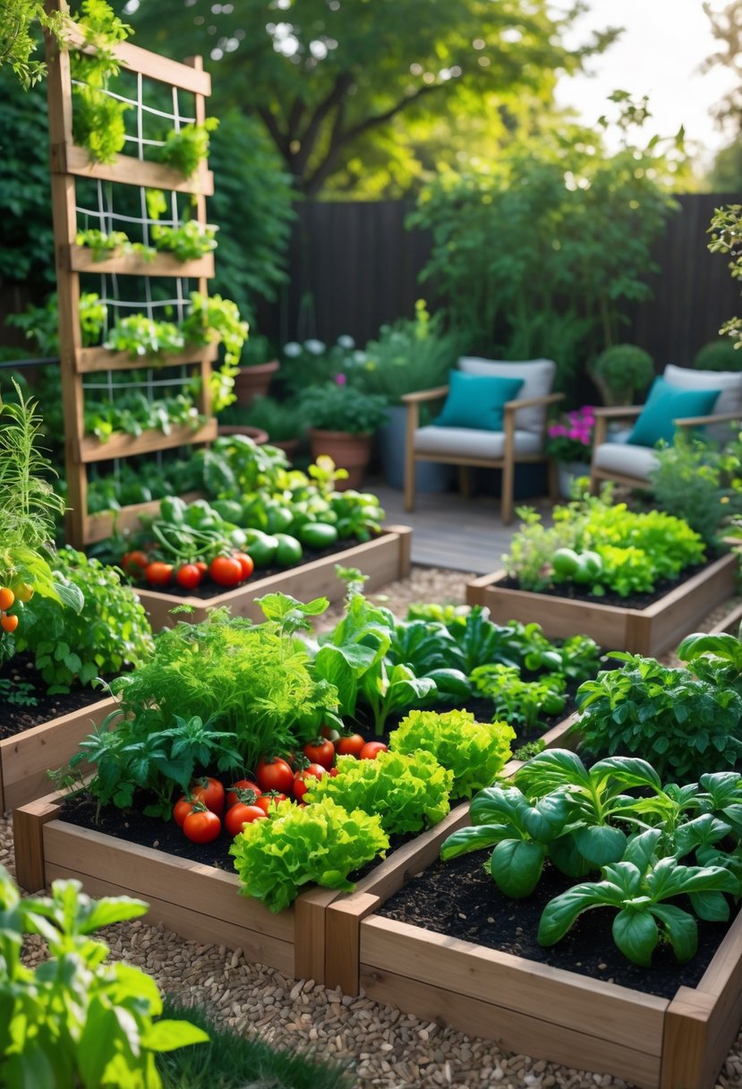 A small backyard vegetable garden with raised beds, various vegetables and herbs, vertical trellises, stone pathways, and a seating area.