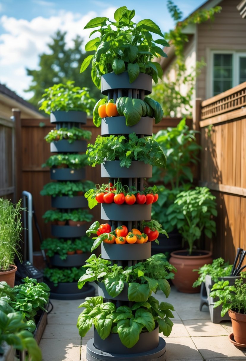 Vertical garden towers filled with various vegetables and herbs growing in a small backyard garden.