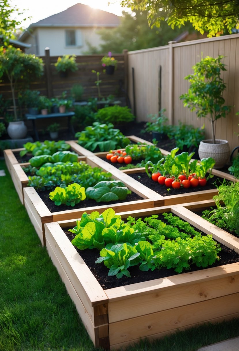 A small backyard with raised wooden garden beds filled with vegetables and built-in wooden seating.