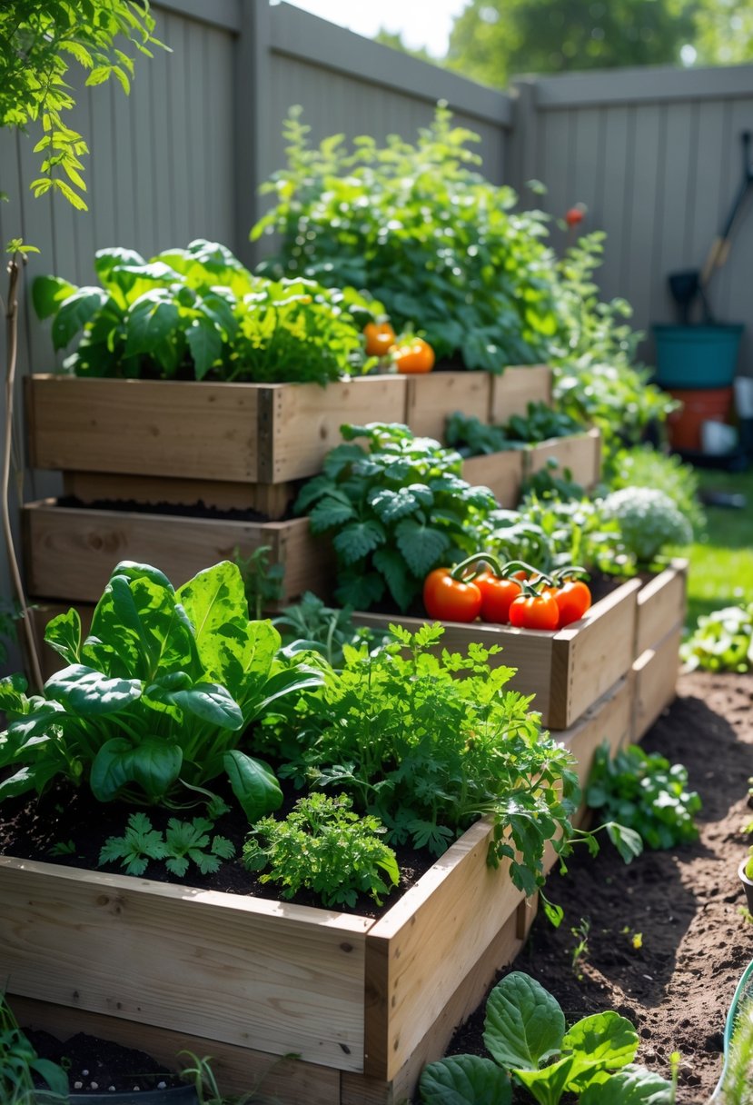 Small backyard vegetable garden with tiered wooden planting boxes filled with various healthy vegetables and herbs.