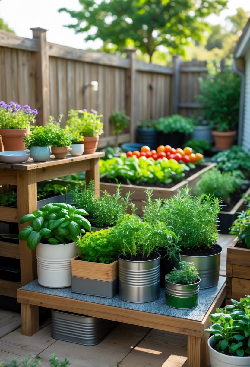 A small backyard with a compact container herb garden featuring various green herbs in pots and boxes, alongside a small vegetable garden with colorful vegetables.
