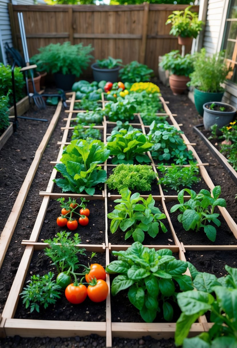 Small backyard vegetable garden with square-foot gardening grids filled with various healthy vegetables and herbs.
