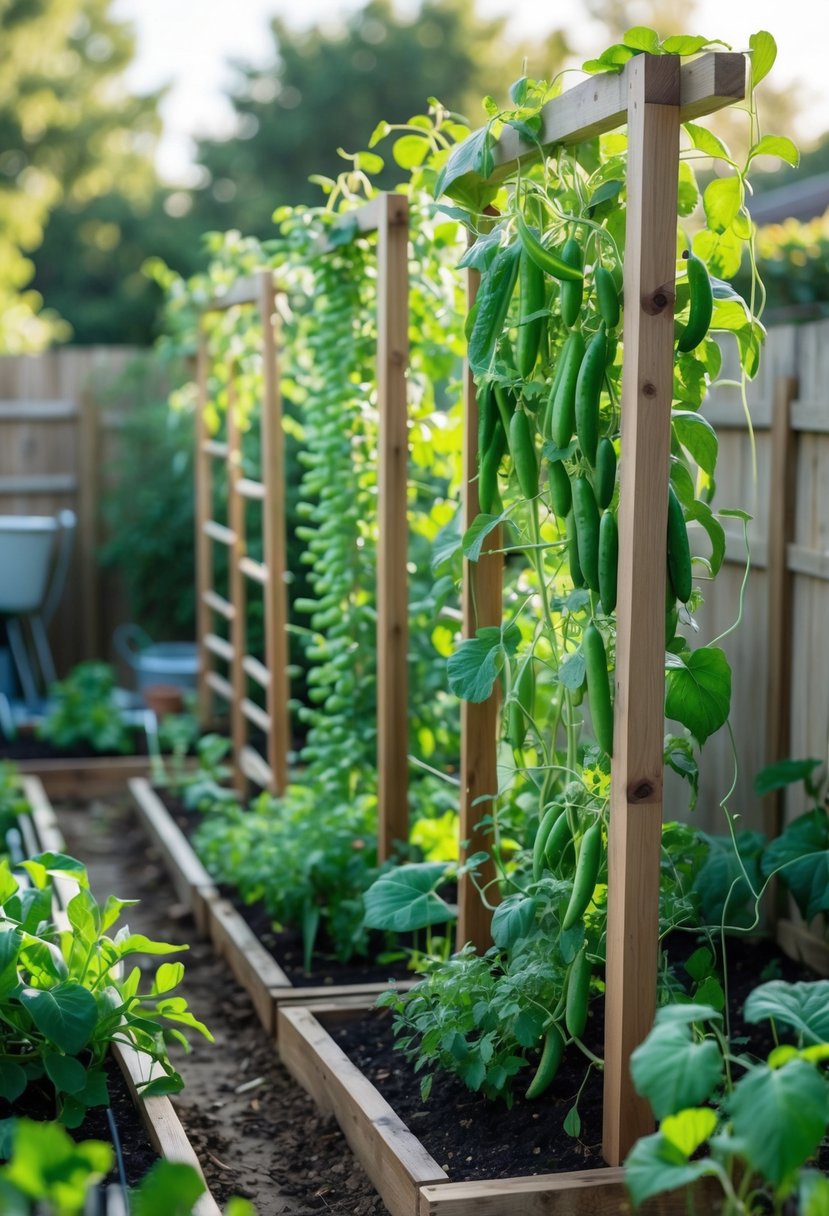 A small backyard vegetable garden with wooden trellises supporting climbing vegetables like beans and cucumbers, surrounded by green plants and soil beds.