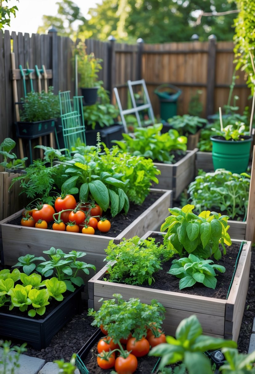 A small backyard vegetable garden with various healthy plants including tomatoes, carrots, lettuce, beans, and herbs arranged in raised beds and containers.