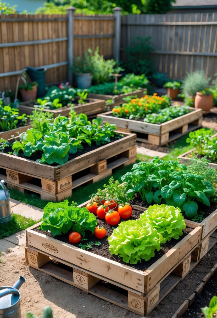 A small backyard with several wooden pallet garden beds filled with growing vegetables and herbs.