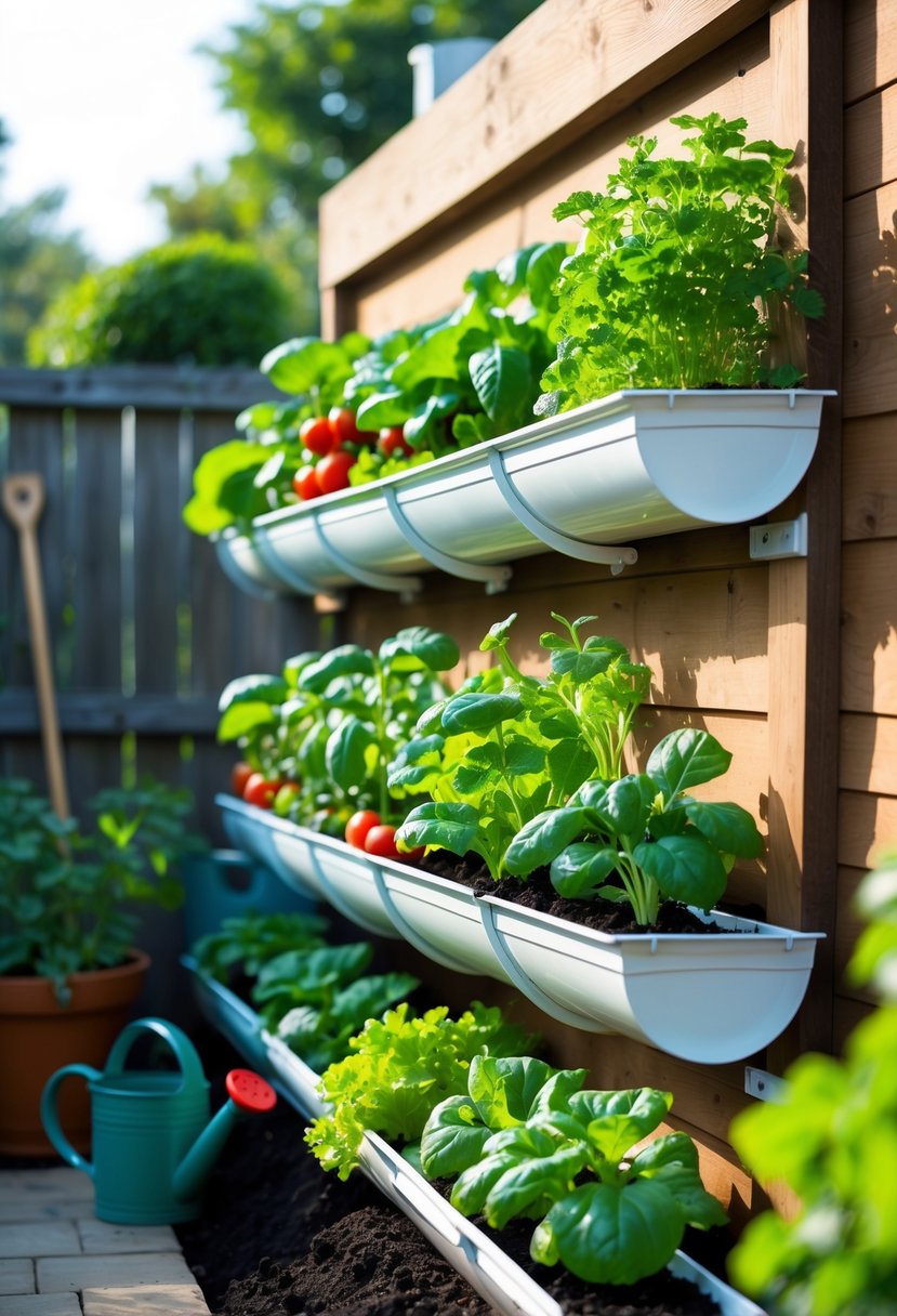 A small backyard with multiple horizontal gutters mounted on a wooden frame, each filled with growing vegetable plants in a tiered garden setup.