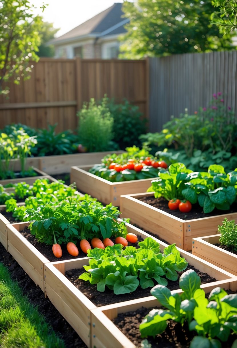 A small backyard with modular wooden planter boxes growing a variety of fresh vegetables and herbs.