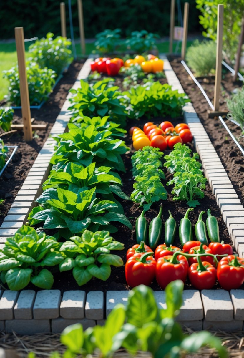 A small backyard vegetable garden with neat rows of various vegetables bordered by a stone pathway.