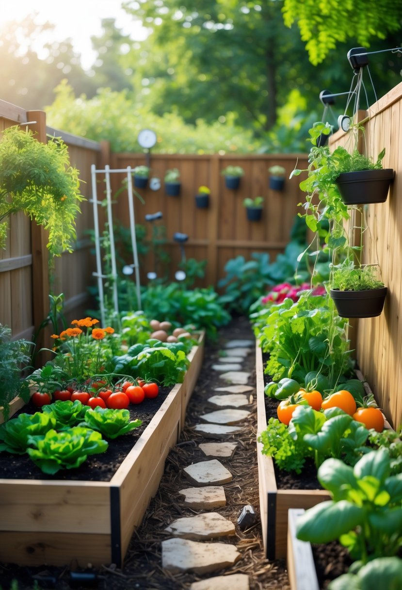 A small backyard vegetable garden with raised beds, various growing vegetables, stone paths, and vertical trellises under natural sunlight.