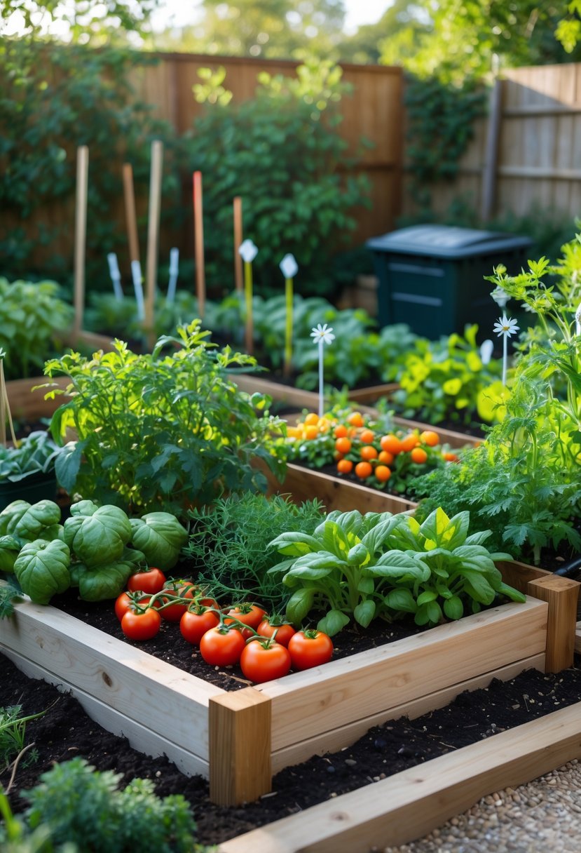 A small backyard vegetable garden with raised beds filled with various healthy vegetables and herbs, surrounded by pathways and garden decorations.