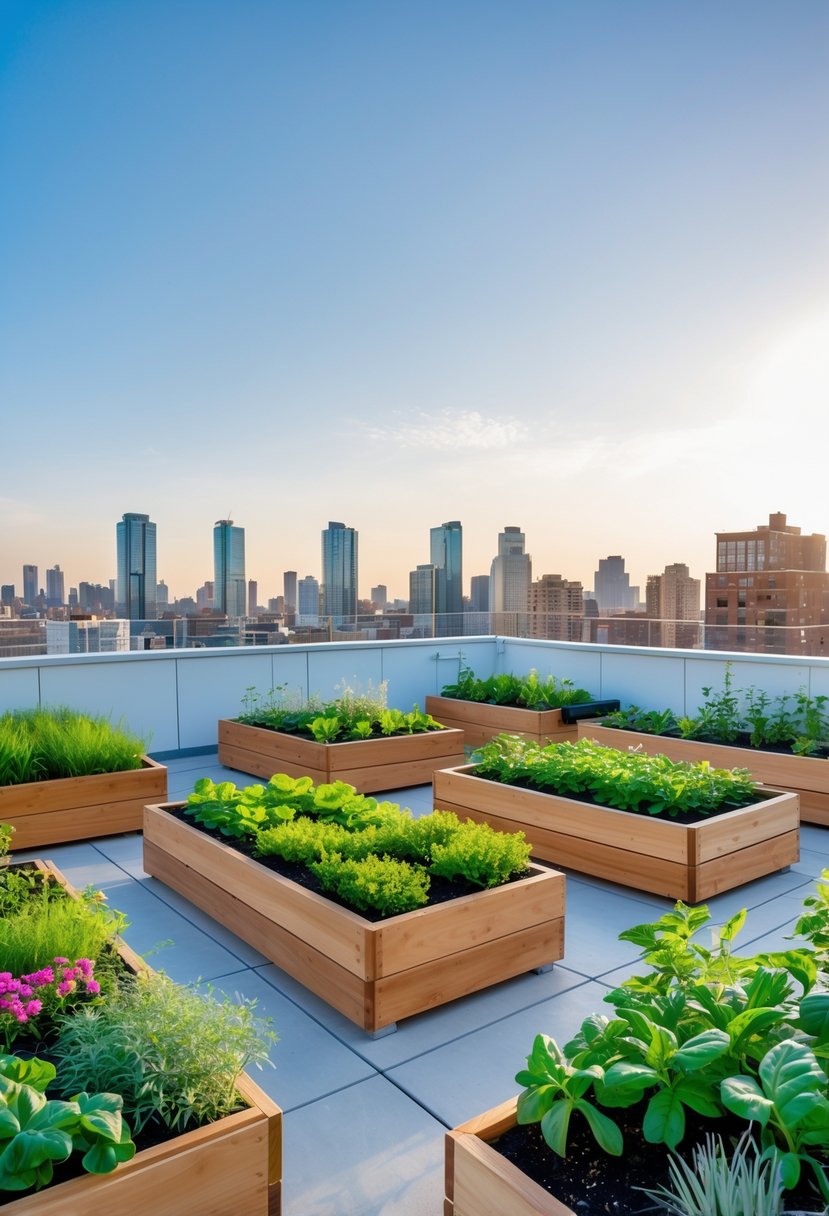 Rooftop garden with several lightweight raised garden beds filled with green plants and flowers, overlooking a city skyline.