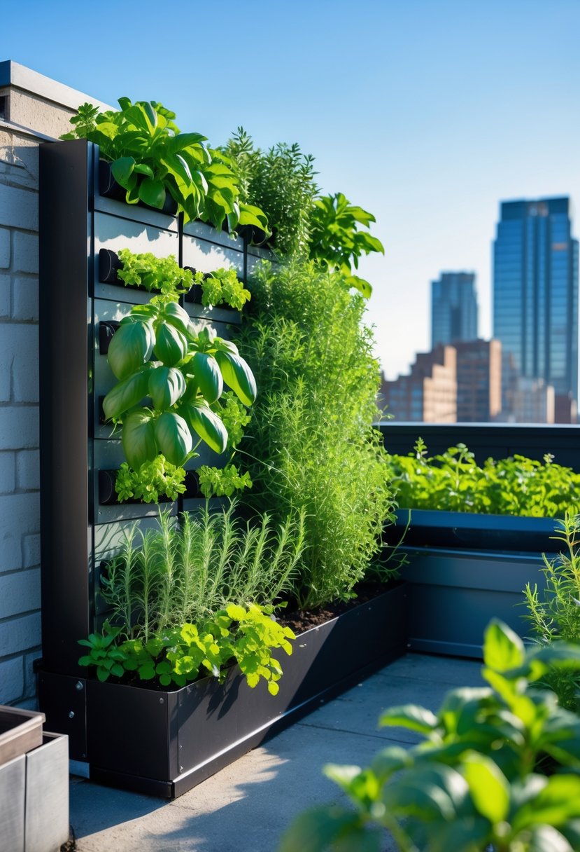 A small rooftop garden with vertical herb planter walls filled with green herbs and an urban skyline in the background.