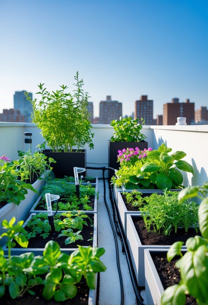 A rooftop garden with various plants in containers and a drip irrigation system, overlooking city buildings under a clear sky.